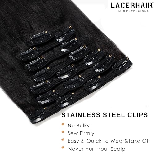 Lacer Thick Yaki Straight Clip in Real Human Hair Extensions, Light Yaki Straight Clip ins, Jet Black Color For Black Women Relaxd Hair 120G 7Pieces 22 inch