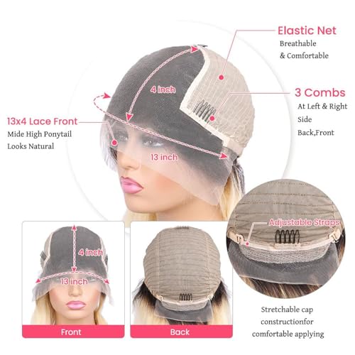Glueless Ombre Blonde Bob Wigs Real Human Hair, Short Cut Bob Wig Human Hair for Black Women 13x4 HD Frontal Lace Wig 180% Density Dark Roots Pre Plucked Lace Front Wigs 12 Inch Natural Hairline