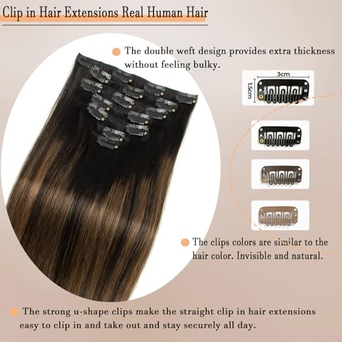 Dark Highlight Clip in Hair Extensions Ombre Real Human Hair Natural Black Mix Chestnut Brown 18 Inch 7pcs 120g Remy Human 16 Clips Ins Double Weft Straight Hair Extensions for Woman