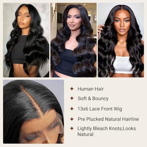 28 Inch Body Wave Lace Front Wigs Human Hair With Baby Hair 13x6 Hd Lace Frontal Wigs Pre Plucked Black Body Wave Wig Human hair 220% Density Long Black Lace Front Wigs For Women