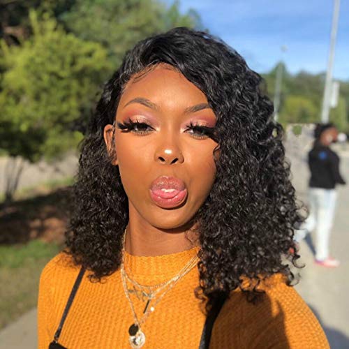 Short Deep Curly Human Hair Lace Front Wigs with Baby Hair Pre Plucked Natural Hairline Brazilian Hair Bob Wigs for Women (10 Inch, Lace Front Wig)