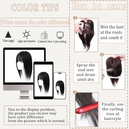 Hair Toppers for Women Real Human Hair,360¡Æ3D Big Basement Cover Topper for Women with Thinning Crown with Wispy Clip in Bangs Realistic Scalp (1B, 3D Wispy Bangs 18INCH)