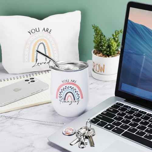 Tessco for you 3 Pcs Inspirational Gift for Women Boss Thank You Cup 12 oz Tumbler You're Enough Keychain Makeup Bag Employee Appreciation Gifts for Nurse Case Management Vet Tech(White,Rainbow)