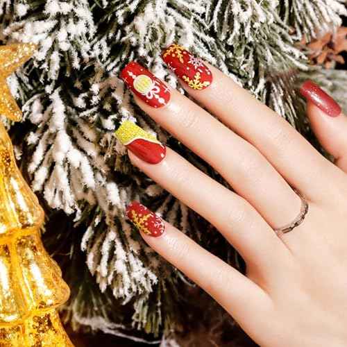 JMEOWIO Gel Nail Stickers Christmas Snowflake Glitter Red Semi Cured Gel Nail Strips Wraps UV/LED Nails Art Design Decoration Accessories