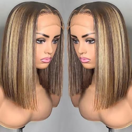4/27 Highlight Bob Wig Human Hair Straight 13X4 Highlight Bob Lace Front Wigs Human Hair Wear and Go Glueless Wig Pre Plucked 14 Inch Ombre Brown Honey Blonde Hd Lace Frontal Wigs For Black Women