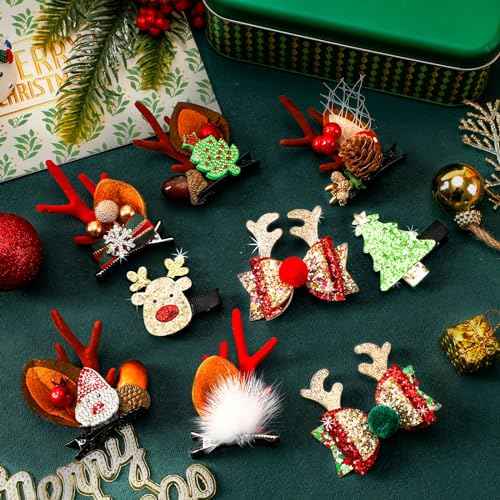 JUNEBRUSHS Christmas Hair Clips, 12 Pcs Christmas Hair Accessories Cute Reindeer Antlers Headband Ears Headdress Hairpins Antlers Christmas Tree Hat Hair Barrettes for Women Girls Gifts Party Favors