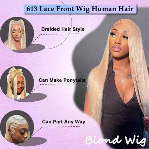 Straight Wigs Human Hair 613 13x6 Lace Front Wig Human Hair Blonde Wig for Women 180% Density 24 Inch, Natural Shine, Pre Plucked with Invisible Hairline, No Tangle, Beginner-Friendly Install