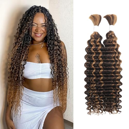 P4/30 Deep Wave Ombre Human Braiding Hair 24Inch 2 Bundles 100g Bulk Human Hair for Braiding No Weft Human Braiding Hair for Boho Braids Wet and Wavy 100% Brazilian Virgin Curly Hair