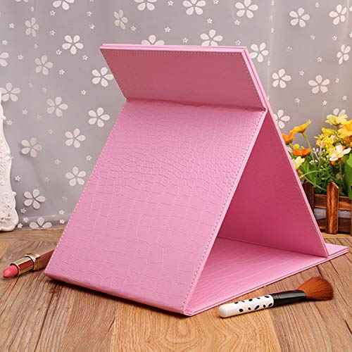 Portable Folding Vanity Mirror,Desktop Folding Mirror with Adjustable PU Leather Stand-Pink