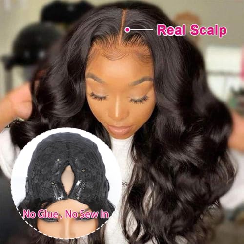 V Part Wig Human Hair Body Wave Upgrade U Part Human Hair Wig With Clips Glueless Wigs Human Hair Beginner Friendly 18 Inch V Shape Clip In Half Wigs for Women No Leave Out 180% Density