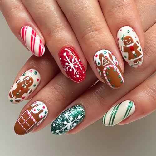 Christmas Press On Nails Short Almond Fake Nails White Brown False Nails With Snowflake Gingerbread Man Design Glue On Nails Full Acrylic Stick On Nails Xmas Artificial Nails For Women 24Pcs