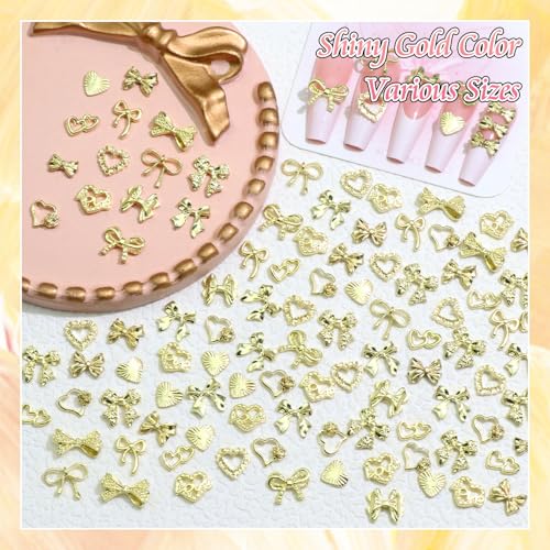 BELICEY 110Pcs Bow Heart Nail Charms Gold 3D Metal Bow Charm for Nails Flatback Heart Bowknot Nails Decoration Cute Nail Bows for Women Manicure DIY Nail Art Design Crafts