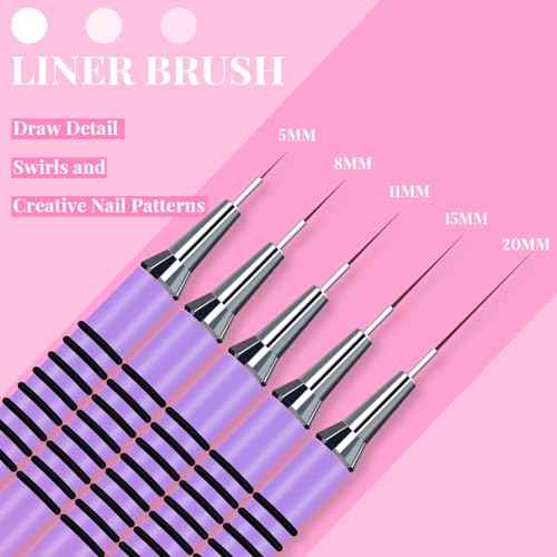 Nail Art Liner Brushes, Nail Art Tools with Striping Nail Art Brushes for Long Lines, Thin Details, Fine Drawing. 5Pcs, Size 5/8/11/15/20mm Striper Brushes Set Christmas Gift for Women