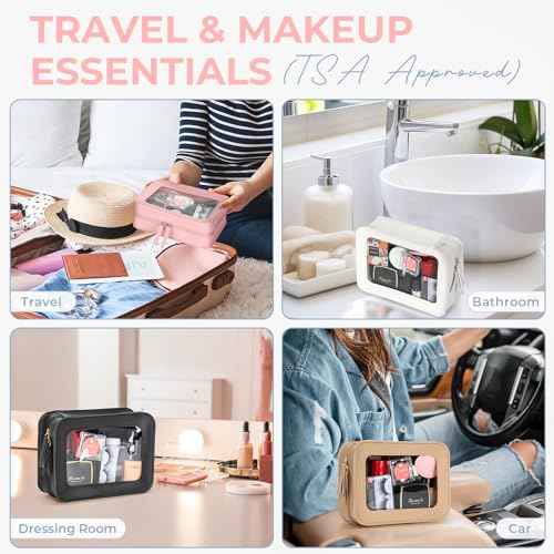 Clear Makeup Bag TSA Approved Waterproof Travel Toiletry Bag Leather Cosmetic Organizer Case Transparent Car Storage Pouch for Women(White-L)