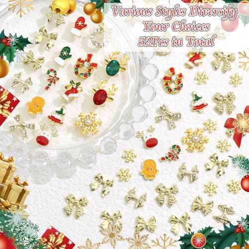 BELICEY 52Pcs Christmas Nail Charms - Gold 3D Bow Snowflake Elk Charms with Gems Rhinestones Accessories Metal Nail Art Supplies Winter Holiday Decorations