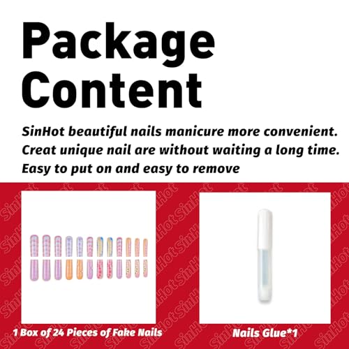 SINHOT Square Press on Nails - Long Fake Nails, Glossy Finish, Colorful Ombre & Crocodile Print, DIY Artificial False Nail Art - 24 Pcs Nail Kit with Glue