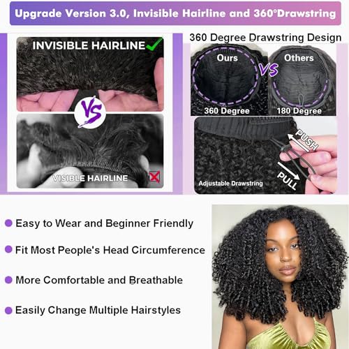 Kinky Curly Half Wig Human Hair 180% Density 3 In 1 Seamless Flip Over Half Wigs Human Hair Glueless Wear and Go Beginner Friendly 14 Inch Drawstring Headband Wig Human Hair for Women Natural Black