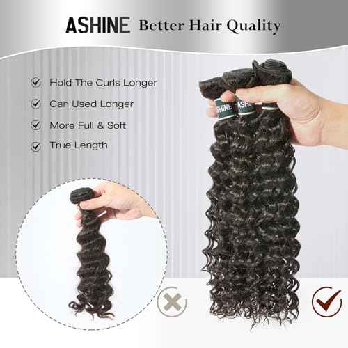 ASHINE Human Hair Bundle Deep Wave Unprocessed Cambodian Raw Hair 16 Inch, Flip Over Quick Weave Wet and Wave Bundles for Women Natural Black