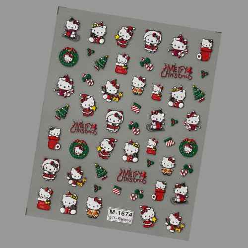 Cute 5D Relief Nail Art Sticker Decals Self Adhesive Christmas Cat Design Nail Decals Cartoon Cat Designer Nail Stickers for Women DIY Manicure Xmas Nail Stickers Decoration Accessories Supply