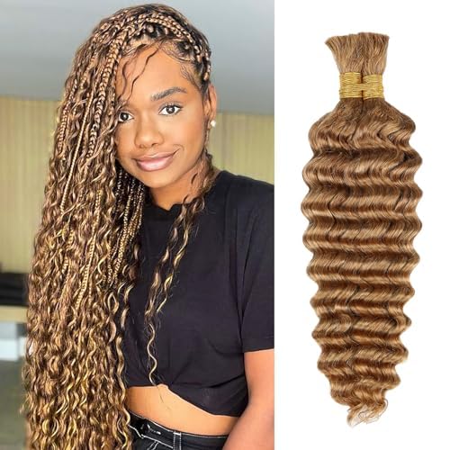 Honey Human Hair Deep Wave Bulk for Braiding - 27# Color No Weft Curly Extensions for Boho Braids, Wet and Wavy (22 Inch, #27, 100g)