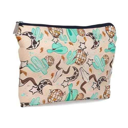 Retro Western Country Turquoise Cowboy Cowgirl Makeup Bag Bull Skull Cactus Disco Ball Makeupbags Cosmetic Bag Zipper Pouch Toiletry Bags,Gifts for Teen Girls Women Western Cowgirl