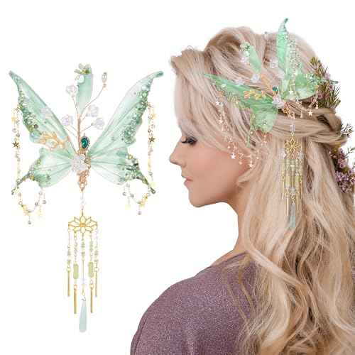 FRESHME Butterfly Hair Clip for Women - 1 Pc Green Fairy Hair Accessories with Tassel Butterfly Wings Elf Claw Clips Elven Hair Clamps for Photoshoot Prom Renfaire Fantasy Costume Cosplay