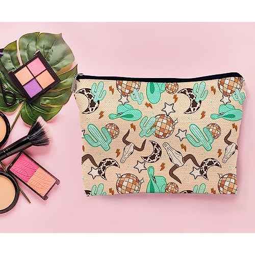 Retro Western Country Turquoise Cowboy Cowgirl Makeup Bag Bull Skull Cactus Disco Ball Makeupbags Cosmetic Bag Zipper Pouch Toiletry Bags,Gifts for Teen Girls Women Western Cowgirl