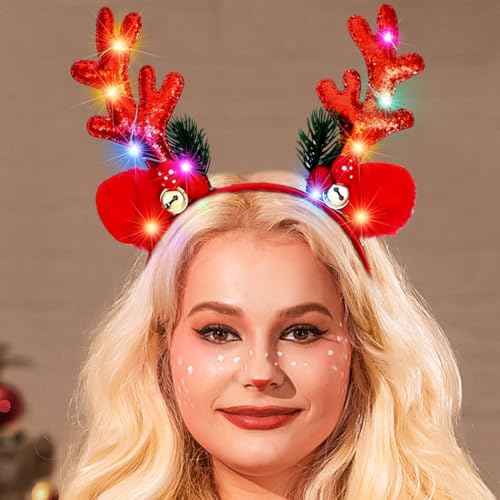 CAKURE Light Up Reindeer Antlers Headband LED Glow Christmas Headbands Deer Ears Hair Bands Holiday Xmas Headwear for Women