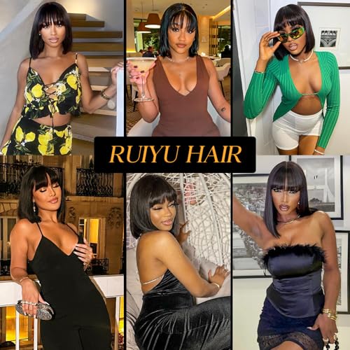Ruiyu 250 Density Bob Wig with Bangs Human Hair 2x4 HD Lace Closure Front Silky Straight Wigs Human Hair Glueless Ready to Wear and Go for Beginners 100% Brazilian Human Hair for Black Women 10 Inch