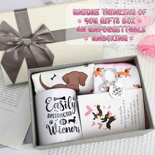 6 Pcs Dachshund Gift Set for Women Weiner Dog Makeup Bag Novelty Crew Socks 11oz Coffee Mug Dachshund Lover Basket Gift Set for Mom Daughter Christmas Birthday New Puppy Owners