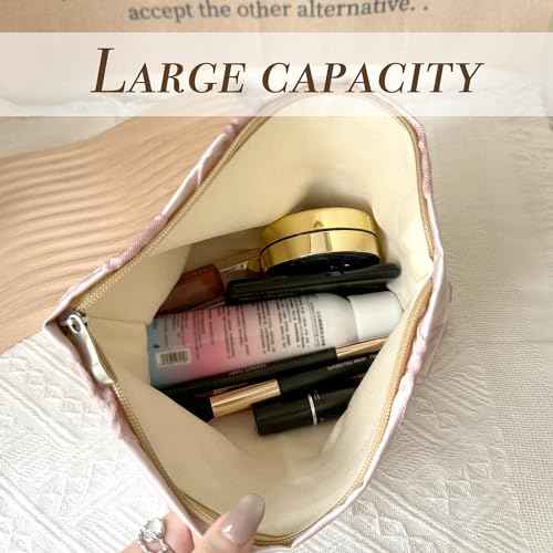 Pink Bow Makeup Bag for Purse Zipper - Large Capacity Canvas Cosmetic Organizer, Coquette Preppy Travel Toiletry Pouch for Women and Girls Gift Idea
