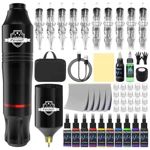 Wireless Tattoo Kit Rotary Tattoo Gun Complete Tattoo Machine Pen Kit with 1200mAh Power Supply and 10Pcs Cartridge Needles 10 Colors Tattoo Color Ink Set Tattoo Supplies, Black