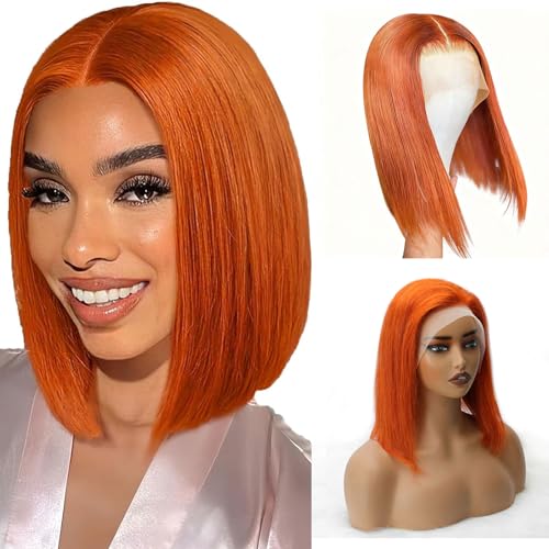 Ginger Orange Bob Wig Human Hair 12 Inch 13x4 HD Lace Frontal 200% Density Straight Short Bob Wigs for Women #350 Orange Ginger Bob Lace Front Wigs Human Hair