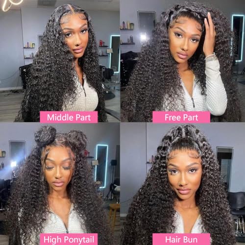 20 Inch Deep Wave Lace Front Wigs Human Hair 13x4 Deep Curly Human Hair Wig Pre Plucked 180% Density HD Transparent Lace Front Wigs for Black Women Deep Wave Frontal Wigs Natural Black