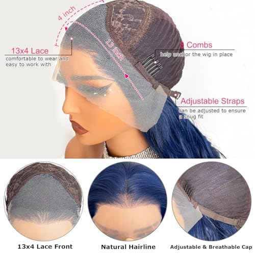 24 Inch Dark Blue Wig Blue Lace Front Wig Pre Plucked Long Body Wave 13x4 HD Lace Wig Glueless Navy Blue Colored Synthetic Lace Front Wigs For Fashion Women