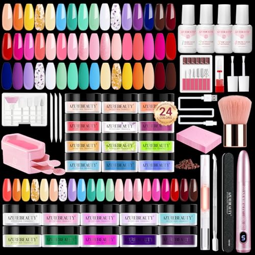 AZUREBEAUTY Dip Powder Nail Kit with Electric Nail Drill 24 Colors Summer Bright Neon Yellow Orange Starter Kit with Dip Liquids Base Top Coat Activator Portable Manicure French Nail Art Essential Set