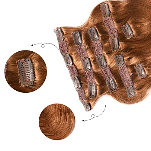 viviaBella Body Wave Clip in Human Hair Extensions Copper Red 22 Inches 140 Gram Human Hair human hair clip in extensions Brazilian Virgin Hair Double Weft 7Pcs/lot 16 Clips(Copper Red, 140g 22")