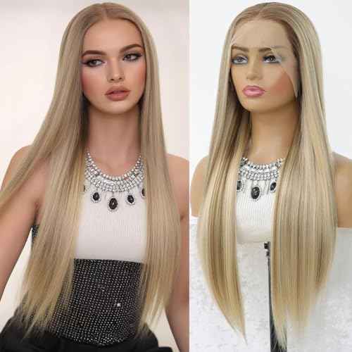 Highlight Light Blonde 13x6 Lace Front Wig Pre Plucked Glueless Long Straight Ombre Mixed Brown Blonde HD 13x6 Frontal Wig Free Deep Part Synthetic Lace Front Wigs for Women