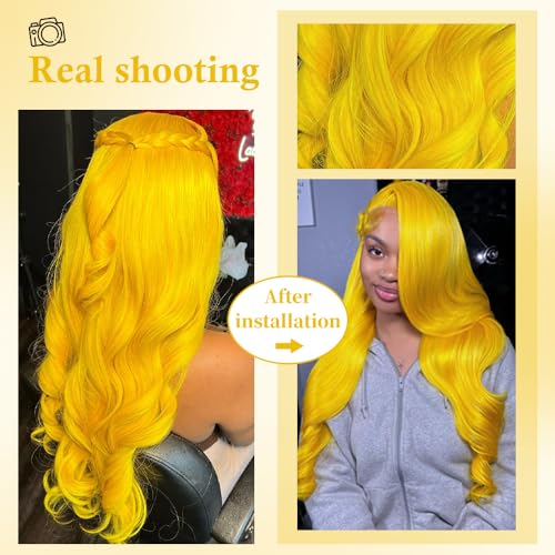 Yellow Wig Human Hair 13x4 Yellow Human Hair Wig 200 Density Body Wave Lace Front Wig Human Hair Colored Lace Front Wigs Pre Plucked HD Frontal Wigs 22 Inch