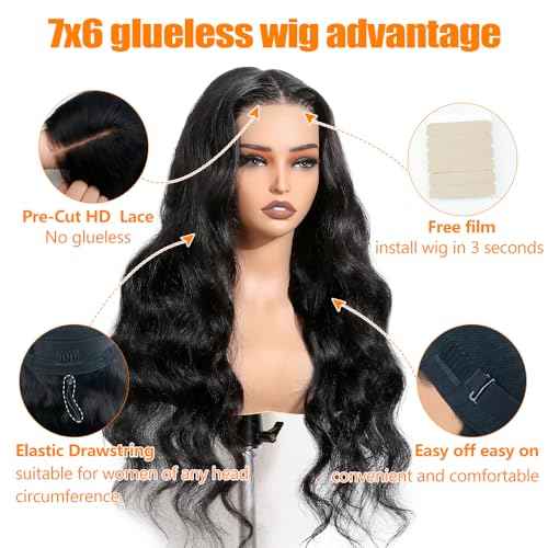 CHEETAHBEAUTY 7x6 Glueless Wigs Human Hair Pre Plucked Pre Cut 18 Inch Body Wave Lace Front Wigs Human Hair for Women 7x6 HD Lace Closure Wigs with Elastic Drawstring 200% Density Natural Color