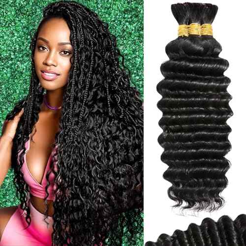 Human Braiding Hair For Boho Braids Deep Water Wave Bulk Human Hair for Braiding 12A Wet and Wavy Curly 100% Human Hair Extensions 3 Bundles 110g Natural Color 20inch