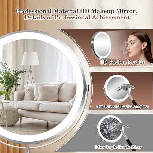 VESAUR 15X Magnifying Mirror with Light, 9.5 Large 5000mAh Rechargeable Double Sided HD Lighted Makeup Mirror with 3 Touch Dimmable Light, 360¡Æ Swivel Detachable for Travel Vanity Mirror Nickel, Gifts