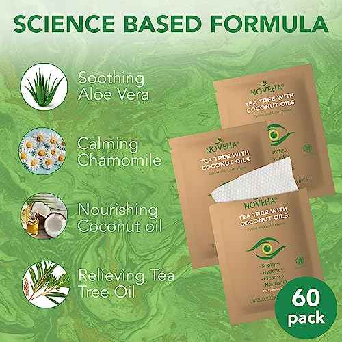 NOVEHA 60PCs Tea Tree & Coconut Oil Eyelid & Lash Wipes - For Demodex, Blepharitis & Itchy Eyes, Individually Wrapped Eyelash Wipes With Aloe Vera, Natural Makeup Remover & Daily Eye Cleanser