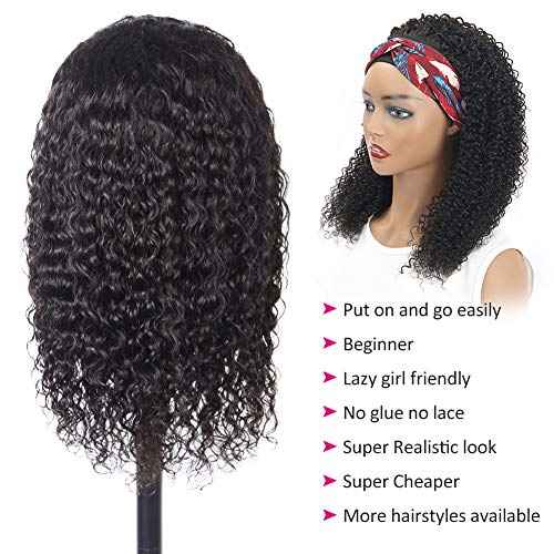Eooma Curly Headband wig Human Hair 16 inch No Gel Kinky Curly Headband Wigs for Black Women 180 Density Scarf None Lace Front Wigs Human Hair