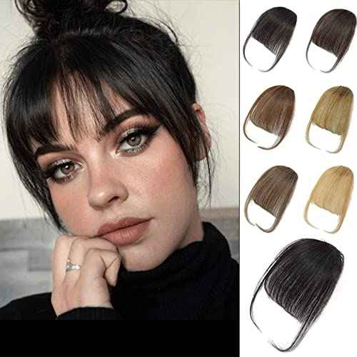 100% Human Hair Clip in Bangs,Women Air Thinning Curtain Flat Natural Black Bangs, Natural Curved Wispy Bangs,Real Human Hair Faux fake Bangs(Wispy Bangs,Natural Black)