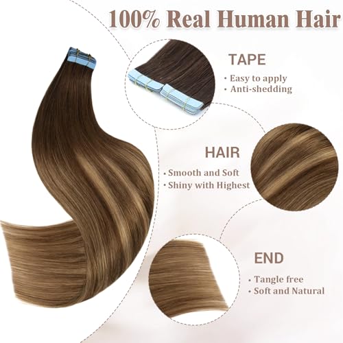 Tape in Hair Extensions Human Hair, 20 Inch Choclolate Brown to Caramel Blonde/Brown Remy Human Hair Skin Weft 20pcs 50g/pack Invisible Tape in Hair Extensions (#T4-P27/4, 20 Inch)