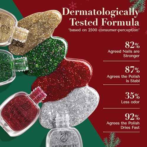 AZUREBEAUTY Nail Polish Set, 4 Colors Christmas Glitter Red Green Gold Silver Quick Dry Natural Fingernail Lacquer Strengthening Treatment Kit with Top Coat DIY Salon at Home