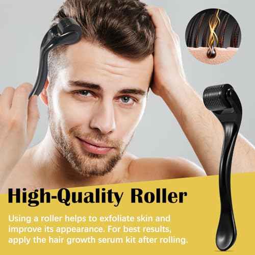5% Minoxidil for Men and Women with Derma Roller, Hair Growth Serum & Beard Growth Kit, Minoxidil Biotin Hair Regrowth Treatment for Thicker, Fuller Hair - Stop Scalp Hair Loss & Thinning - 2.02 oz