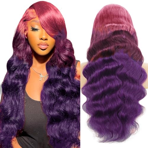 Colorful Bird Pink to Purple Lace Front Wig Human Hair Body Wave Glueless 13x4 Hd Lace Ombre Purple Lace Frontal Wig with Baby Hair Pre Plucked 180% Density 18 Inch