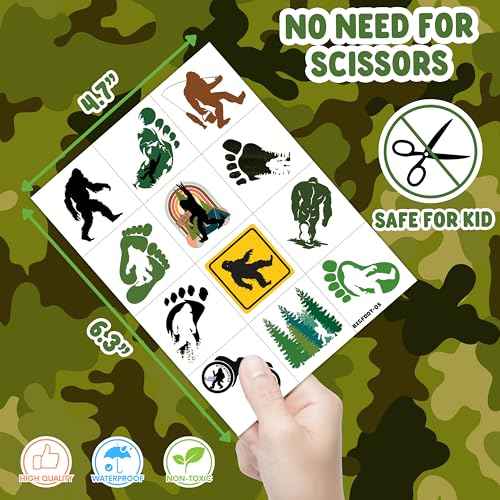 96 PCS Bigfoot Jungle Pre-Cut Temporary Tattoos for Kids Themed Birthday Party Decorations Favors Supplies Super Cute Monster Outdoor Tattoo Stickers Gifts for Boys Girls School Rewards Carnival